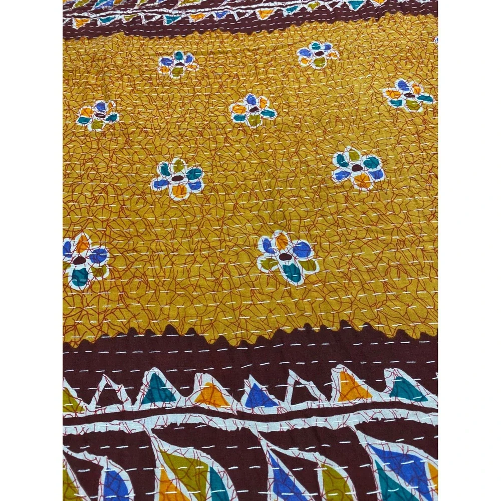 Handmade Indian Kantha Quilt Reversible Cotton Throw Blanket Red Yellow Paisley